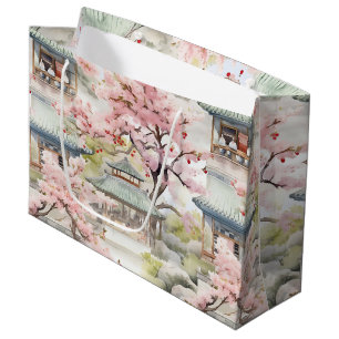 Bolsa De Regalo Grande Acuarela de la pagoda asiática en medio de flores