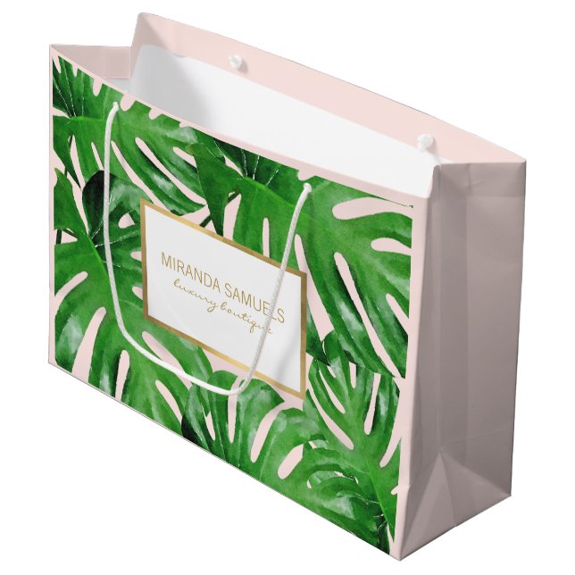 Bolsa De Regalo Grande Acuarela Monstera tropical deja rosa (Angulo Anverso)