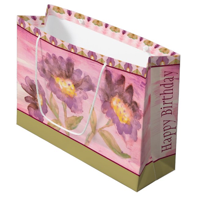 Bolsa De Regalo Grande Acuarela Morado Floral Elegante (Angulo Anverso)