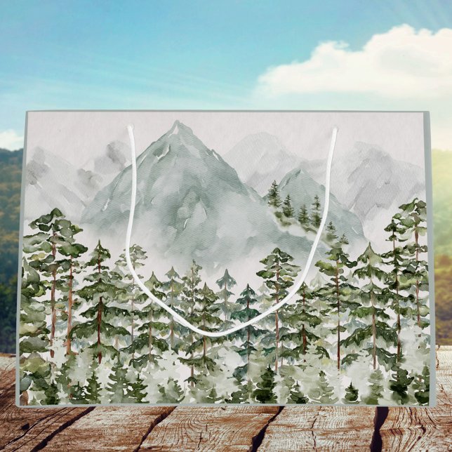 Bolsa De Regalo Grande Acuarela natural de los bosques y las montañas (Subido por el creador)