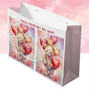 Bolsa De Regalo Grande Adición de nombre y edad del oso de cumpleaños del