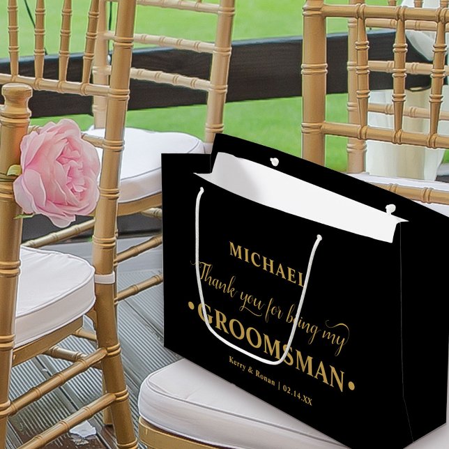 Bolsa De Regalo Grande Agradecimientos personalizados para Groomsman Blac (Black and Gold Wedding Thank You Gift Bag for Groomsman)