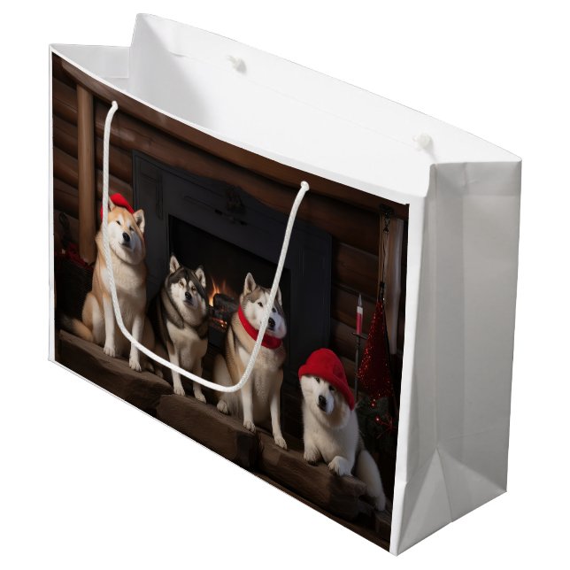 Bolsa De Regalo Grande Akita junto a la chimenea Navidad (Angulo Anverso)