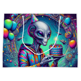Bolsa De Regalo Grande Alien sostiene pastel de cumpleaños