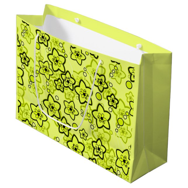 Bolsa De Regalo Grande Amarillo con patrón floral de neón brillante negro (Angulo Anverso)