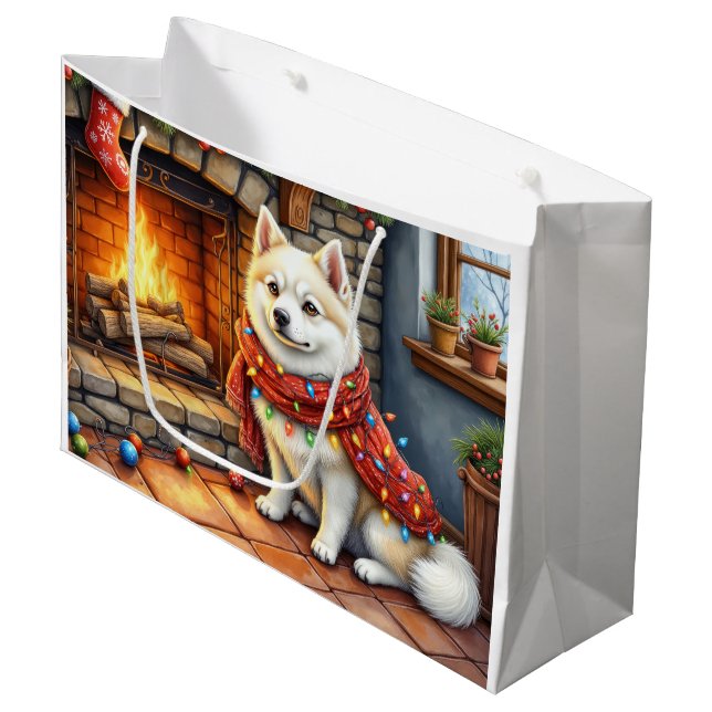 Bolsa De Regalo Grande American Eskimo Fireplace with Christmas Lights (Angulo Anverso)