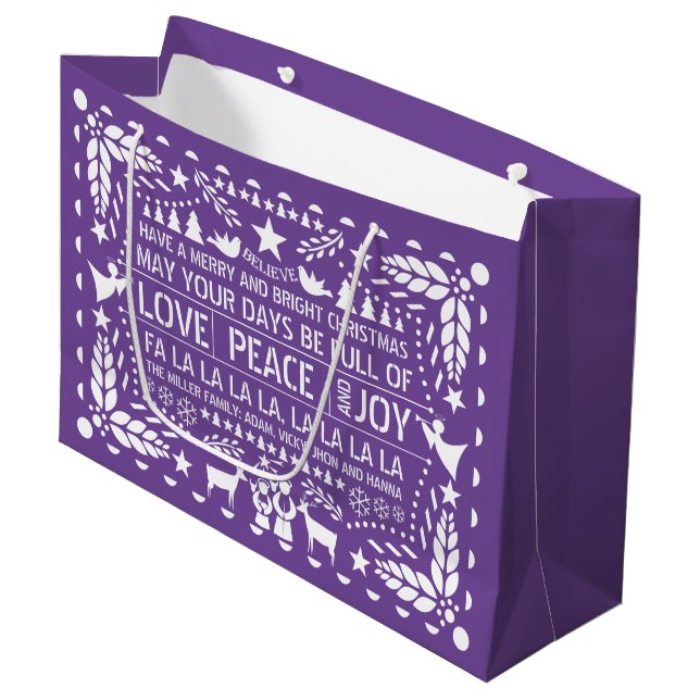Bolsa De Regalo Grande Amo morado blanco Paz Alegría papel Navidades de p (Angulo Anverso)