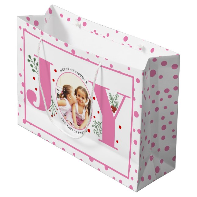 Bolsa De Regalo Grande Añade tus fotos rosadas JOY y puntos de polka (Angulo Anverso)