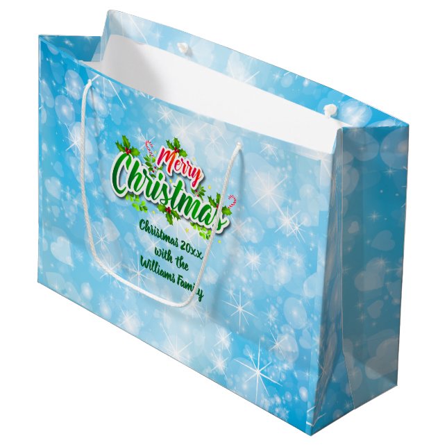 Bolsa De Regalo Grande Añadir nombre coincidente con Feliz Navidad Azul r (Angulo Anverso)