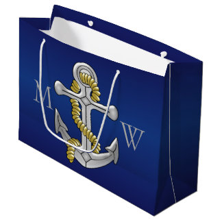 Bolsa De Regalo Grande Ancla con monograma de los azules marinos