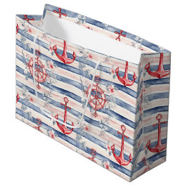 Bolsa De Regalo Grande Anclas Florales Rayas Azul Rojo Playa Cumpleaños
