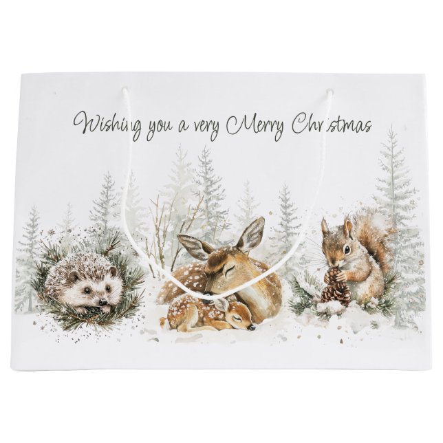 Bolsa De Regalo Grande Animales Bosque Invierno Navidad (Anverso)