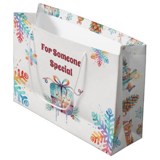 Bolsa De Regalo Grande Animales de bosque acuarela de Navidad personaliza