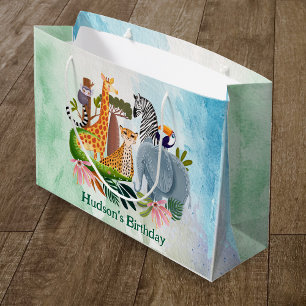 Bolsa De Regalo Grande Animales de safari selva cumpleaños acuarela
