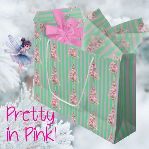 Bolsa De Regalo Grande Árbol de Navidad de rayas rosadas y verde menta vi