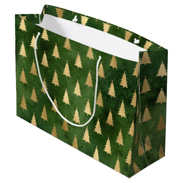 Bolsa De Regalo Grande Árbol de Navidad Verde y Relieve metalizado dorado (Angulo reverso)