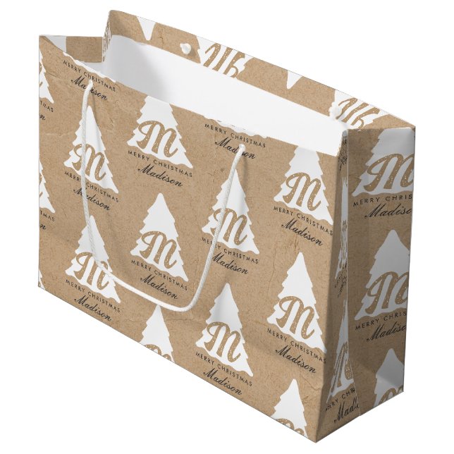 Bolsa De Regalo Grande Árbol monograma de Kraft navideño personalizado (Angulo Anverso)