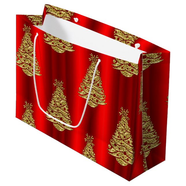 Bolsa De Regalo Grande Árboles de Navidad dorados en rojo (Angulo Anverso)