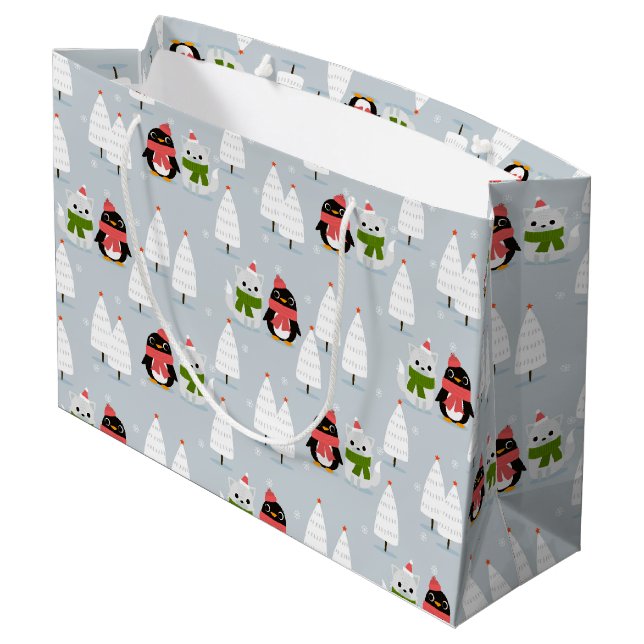 Bolsa De Regalo Grande Árboles de navidad, pingüinos y gatos (Angulo reverso)