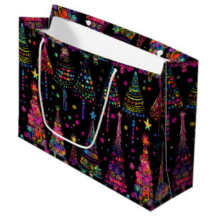 Bolsa De Regalo Grande Árboles de Navidad psicodélicos en negro