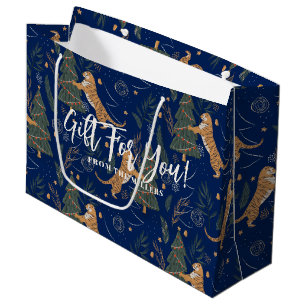 Bolsa De Regalo Grande Árboles de Navidad y tigres fondo azul oscuro