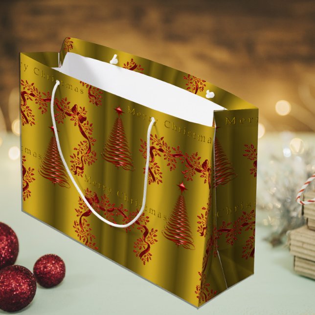 Bolsa De Regalo Grande Árboles modernos de Navidad rojas en oro (Subido por el creador)