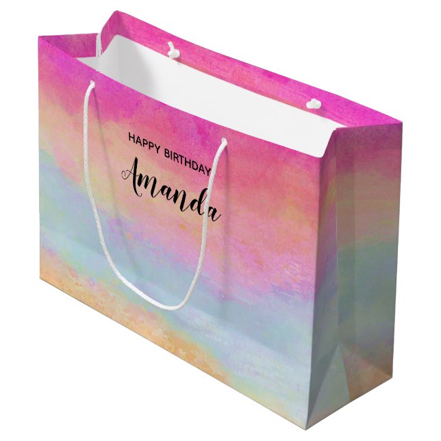 Bolsa De Regalo Grande Arcoiris amarillo rosado Abstract Stripes Cumpleañ (Angulo Anverso)