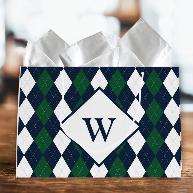 Bolsa De Regalo Grande Argyle Monogramado Azul y Verde (Argyle Monogram Gift Bag)