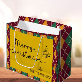 Bolsa De Regalo Grande Argyle Naranja Amarillo Guión Verde Feliz Navidad