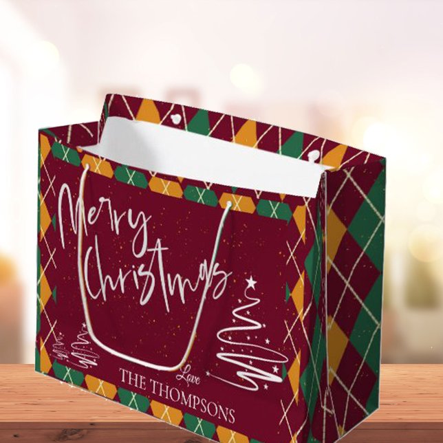 Bolsa De Regalo Grande Argyle Red Green Elegant Script Feliz Navidad (Argyle Red Green Elegant Script Merry Christmas Large Gift Bag
)