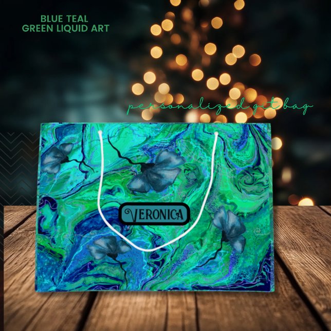 Bolsa De Regalo Grande Arte líquido verde Verde azulado azul moderno (Modern Blue Teal Green Liquid Art Large Gift Bag)