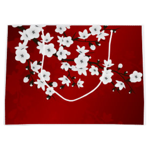 Bolsa De Regalo Grande Asia Floral Blanca Flor de Cerezo Roja
