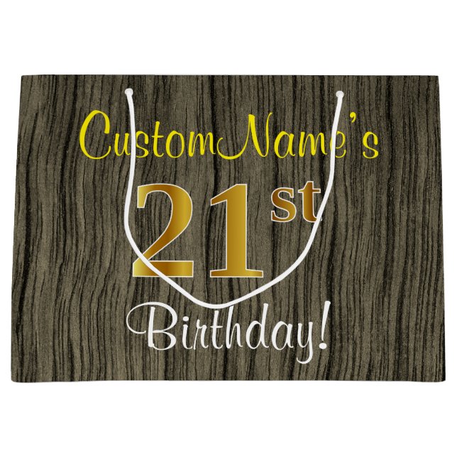 Bolsa De Regalo Grande Aspecto de madera falsa, cumpleaños 21 falso oro + (Anverso)