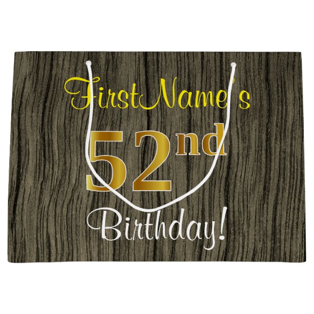 Bolsa De Regalo Grande Aspecto de Madera Falsa, Oro Falso Cumpleaños 52 + (Anverso)