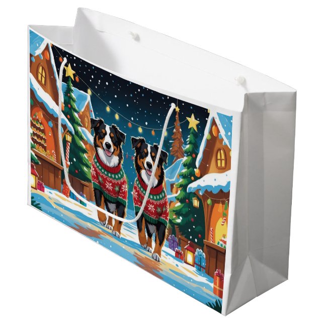 Bolsa De Regalo Grande Australian Shepherd Dogs Christmas Snow Holiday (Angulo Anverso)