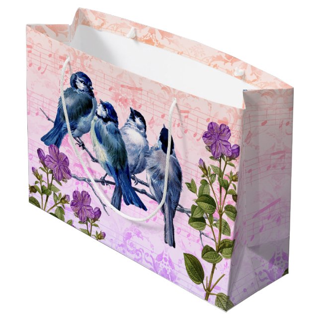 Bolsa De Regalo Grande Aves Azules, Flores, Música Peach/Purple (Angulo reverso)