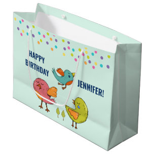 Bolsa De Regalo Grande Aves coloridas y mullidas Trio Cumpleaños