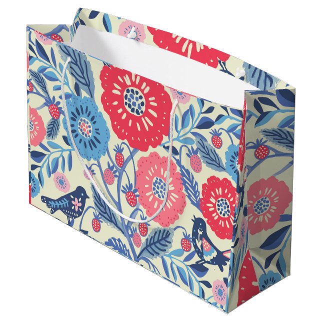 Bolsa De Regalo Grande Aves De Arte Popular, Fresas E Impresión De Flores (Angulo reverso)
