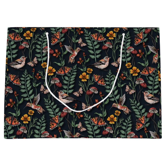 Bolsa De Regalo Grande Aves de jardín oscuro y mariposas (Anverso)