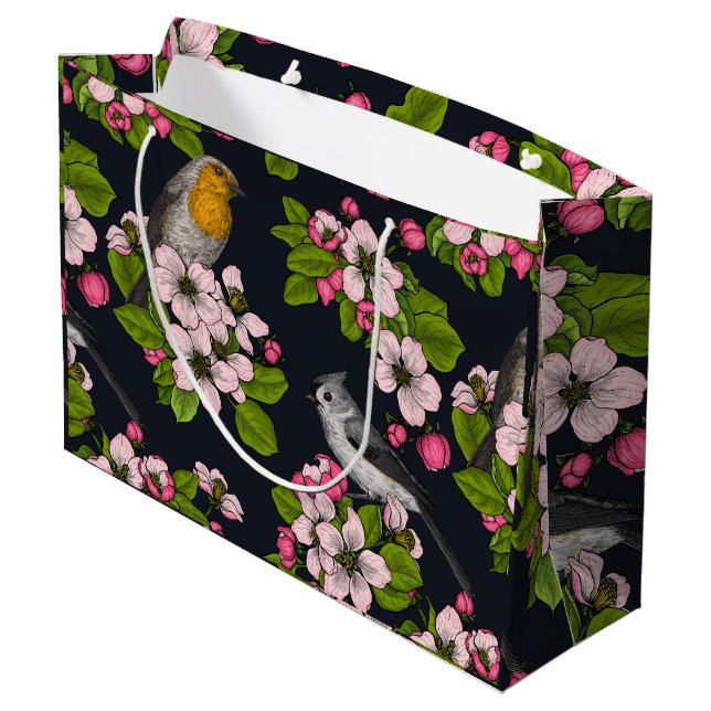 Bolsa De Regalo Grande Aves y flores en negro (Angulo reverso)