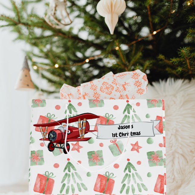 Bolsa De Regalo Grande Avión de Santa Flying, primera Navidad personaliza (Subido por el creador)