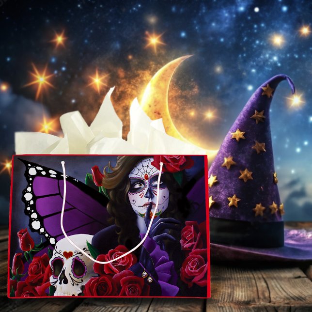 Bolsa De Regalo Grande Azúcar Skull Roses Rojas Morado (Subido por el creador)