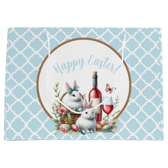 Bolsa De Regalo Grande Azul claro Bunny & Wine Watercolor (Anverso)