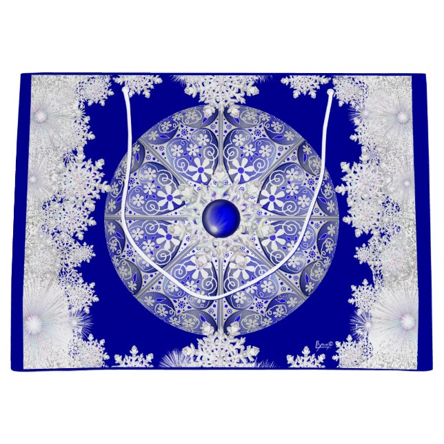 Bolsa De Regalo Grande Azul de encaje cerámico de Grecia y copo de nieve (Anverso)