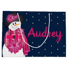 Bolsa De Regalo Grande Azul Oscuro Con Snowman Rosa