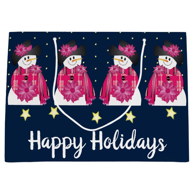 Bolsa De Regalo Grande Azul Oscuro Y Hombre De Nieve Rosa (Anverso)