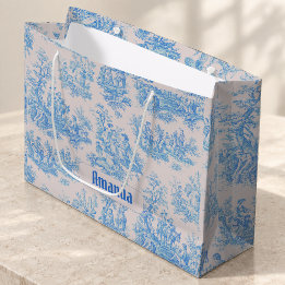Bolsa De Regalo Grande Azul Turquesa Floral Toile Monograma Vintage