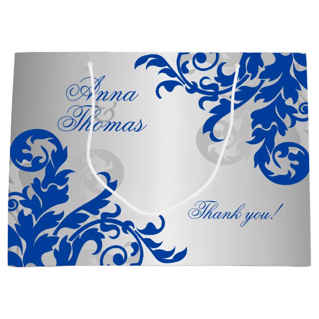 Bolsa De Regalo Grande Azul y Plata Real Florecen (Anverso)