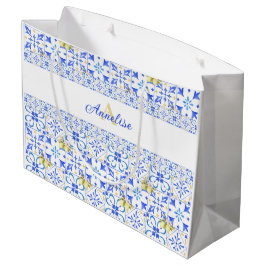 Bolsa De Regalo Grande Azulejo Azul Francés País Limón Patrón Monograma