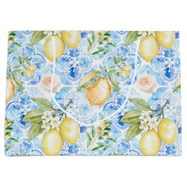 Bolsa De Regalo Grande Azulejo Azul Mediterráneo Limón Amarillo Acuarela